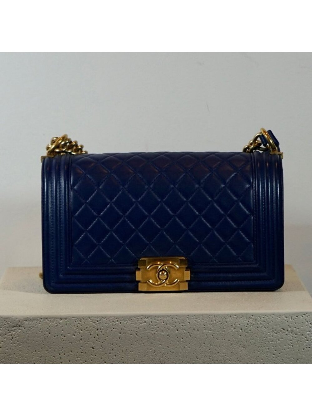 Chanel Boy Bag Caviar Blue with Gold Hardware